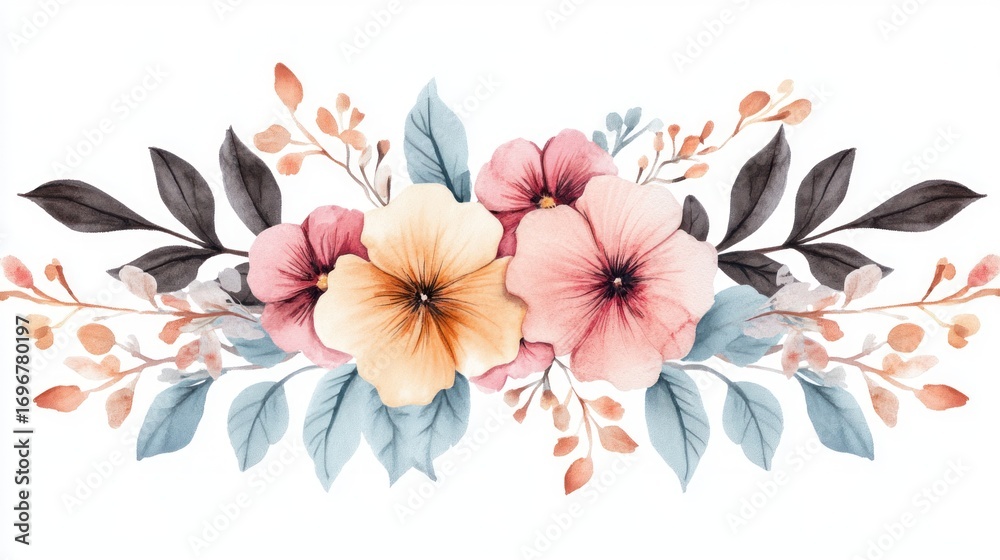 Obraz premium Watercolor pansy floral arrangement on white background