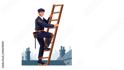 Chimney Sweep Ascending Ladder: A chimney sweep in traditional attire climbs a wooden ladder toward the rooftop, the silhouettes of chimneys providing a backdrop.