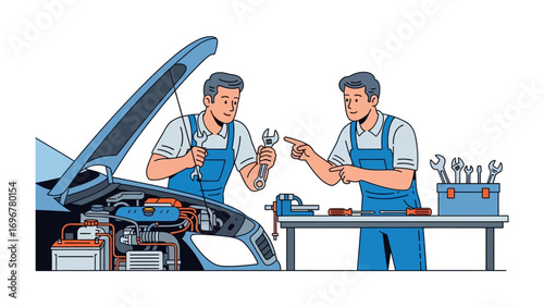 Mechanic Inspection: Two mechanics diligently inspect a vehicle's engine compartment, focused on problem-solving and quality. Demonstrating automotive knowledge, attention to detail.