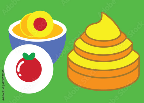 Brightly colored food icons featuring dessert and fruit arranged artfully for creative design