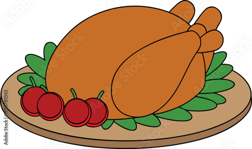 A deliciously roasted whole turkey platter garnished with fresh greenery and bright red tomatoes