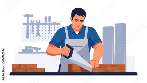 Craftsman at Work: A focused carpenter expertly uses a saw to cut through a wooden block, his skill and dedication evident in the precise cut, while in the background.