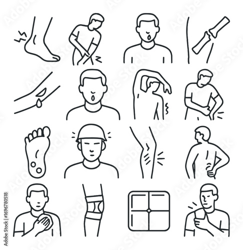 Outline illustrations of human body pain and injury symptoms