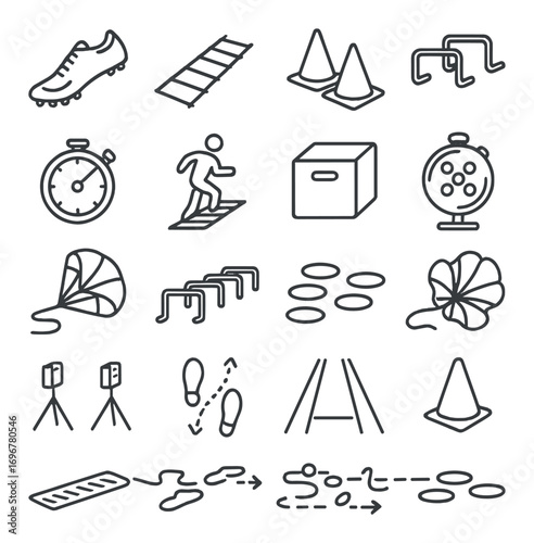 Athletic training icons featuring equipment and exercises for fitness and agility workouts
