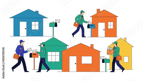 Daily Deliveries: Vibrant illustration shows postmen diligently delivering mail to houses of various colors, highlighting the essential service of postal delivery.
