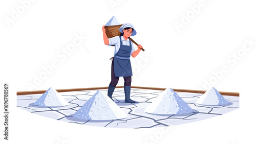 Salt Harvesting Scene: Witness the timeless art of salt harvesting. An individual stands amidst mounds of pure salt, carrying a traditional load.