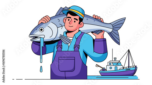 Fisherman's Bounty: A cheerful fisherman proudly carries a freshly caught fish over his shoulder, accompanied by a fishing boat