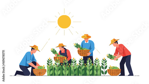 Harvest Time Under the Sun: A group of farmworkers diligently gather crops in a sunny field. The image captures the essence of hard work, collaboration, and the bounty of the harvest season.