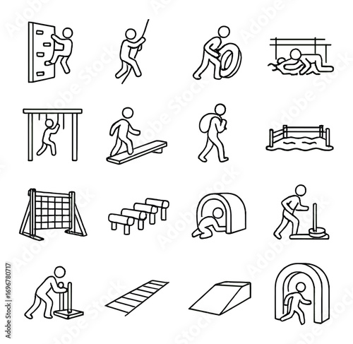 Obstacle course icons: climbing, balancing, running, and crawling activities