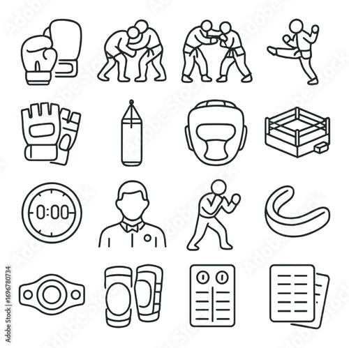 Outline icons of mixed martial arts: gloves, fighters, boxing ring, training gear
