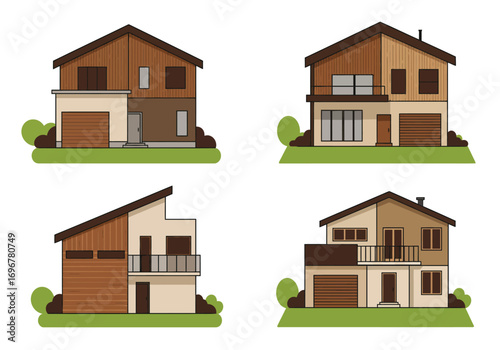 Four modern houses with different designs and colors isolated on white background, showcasing architectural diversity and contemporary residential styles