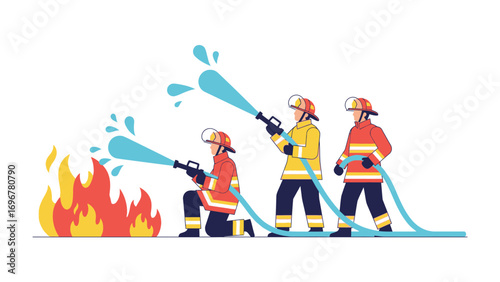Firefighters in Action: Brave firefighters confront a blazing fire, their focus unwavering as they work together to control and extinguish the flames. Demonstrating courage and teamwork