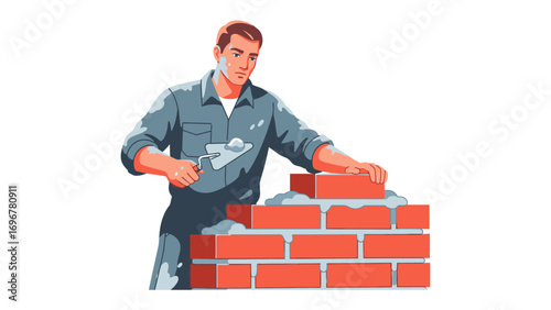 Bricklayer at Work: A skilled craftsman meticulously constructs a brick wall, with precision and expertise. The vibrant colors and dynamic composition.