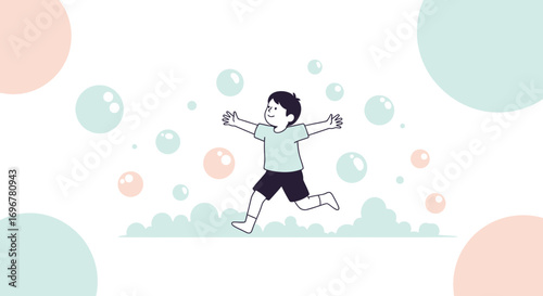 Joyful Child Running Amongst Bubbles, Demonstrating Happiness, Freedom, and Playful Spirit