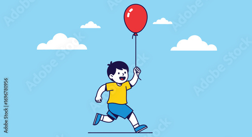 Joyful Child Running While Holding A Red Balloon Against Blue Sky With Clouds
