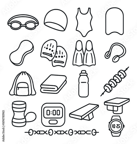 Swimming gear: goggles, cap, swimsuit, fins, water bottle, towel, backpack, stopwatch, kickboard