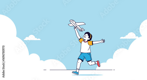 Joyful Child Running With Paper Airplane In The Sky Representing Freedom And Imagination