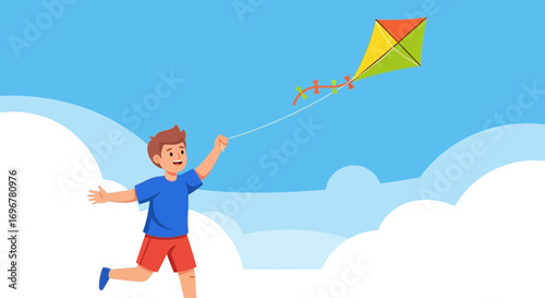 Joyful Child Running And Playing Outside With The Kite Under A Sunny Blue Sky