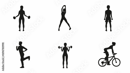 Dynamic silhouettes showcase diverse fitness activities from lifting to cycling, inspiring active lifestyles and wellness journeys.