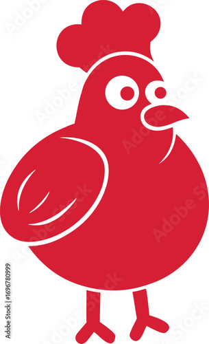 Stylized plump red chicken silhouette adorable cartoon farm animal with big eyes whimsical fowl character