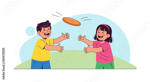 Joyful Children Playing Frisbee Together In A Summer Park, Vibrant and Cheerful Scene