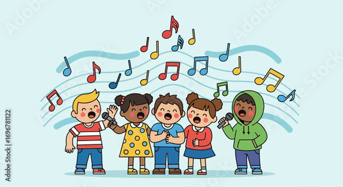 Joyful Children Sing Together With Floating Musical Notes In a Cheerful Illustration