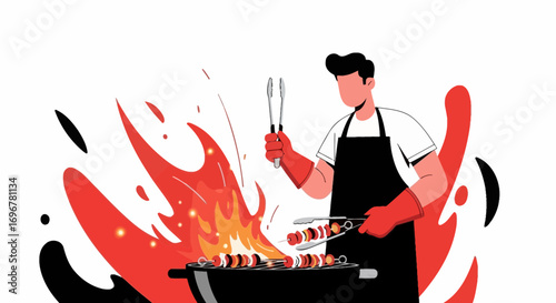 Man Preparing Barbecue Grilled Food With Heat And Cooking Equipment, Vector Illustration
