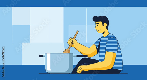 Man Preparing Dinner, Creating a Meal, Cooking Vector Illustration, Kitchen Scene