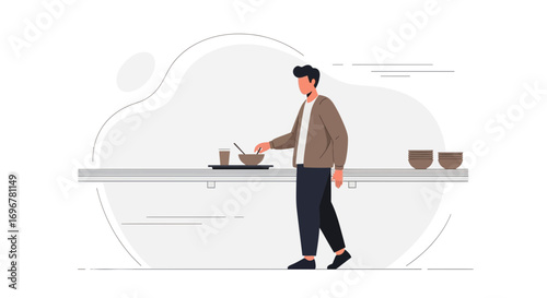 Man Preparing Food at Countertop, Modern Minimalist Illustration Style and Design