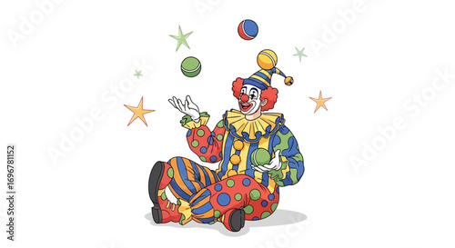 Joyful Clown Entertaining Spectators While Juggling Colorful Balls With Cheer