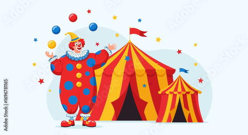 Joyful Clown Entertaining With Colorful Balls Near a Circus Tent Structure, Festive Graphic
