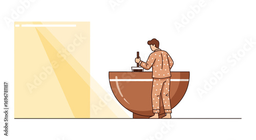 Man Preparing Food in a Large Bowl During Sunrise, Minimalist Illustration