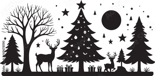 Black silhouette of a winter forest scene with deer and Christmas tree