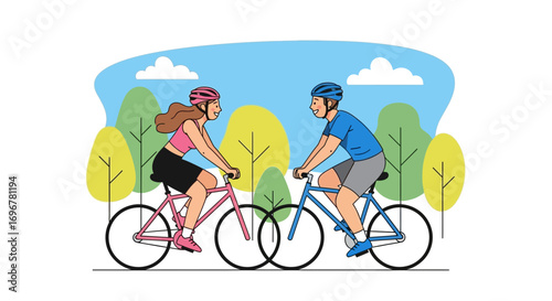 Joyful Couple Cycling Together in the Park for Leisure and Outdoor Activity