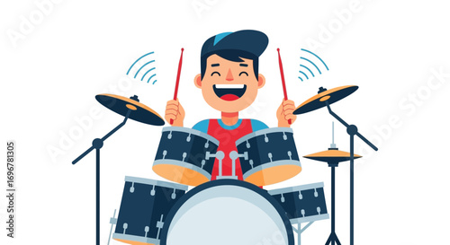 Joyful Drummer Playing Drums with Excited Expression and Sound Waves Vector Illustration