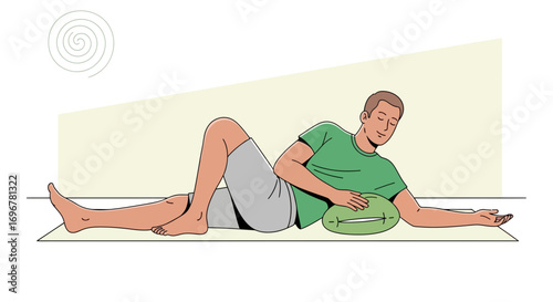 Man Reclining on a Mat with an Oblong Pillow, Embracing Relaxation and Serenity
