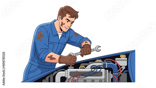 Mechanic Repairing Car Engine: A skilled mechanic diligently repairs a car engine with focused precision and expertise, capturing the essence of automotive service and technical proficiency.