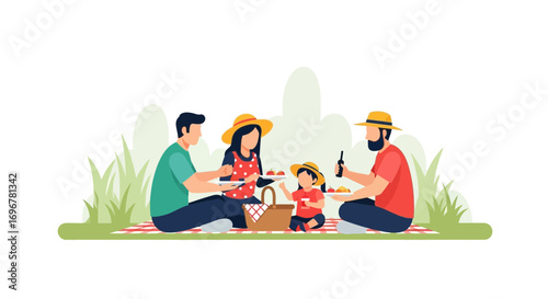 Joyful Family Outing: A Vibrant Picnic Gathered Together Outdoors Enjoying Food
