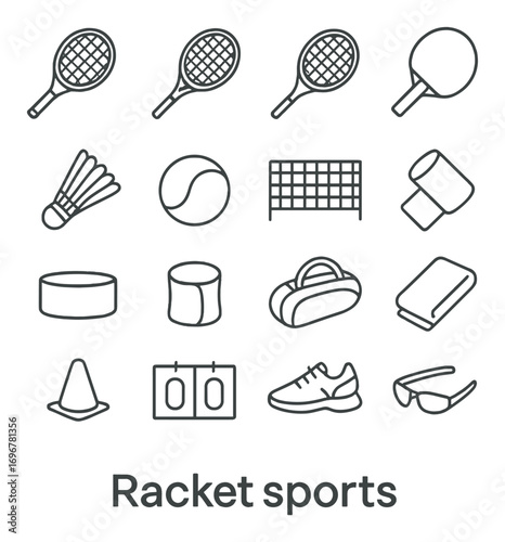 Racket sports icons: tennis, badminton, ping pong essentials