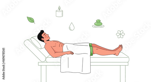 Man Reclining On a Massage Bed, Surrounding Elements Illustrate Wellness and Relaxation
