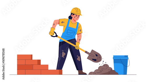 Construction worker at work: An illustration showcasing a female construction worker expertly using a shovel amidst brickwork and equipment, embodying professional dedication and craftsmanship.