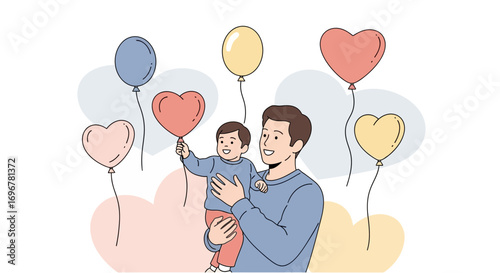 Joyful Father Carries Adorable Child With Heart Balloons Celebrating Love and Family Bond