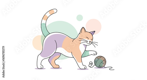 Joyful Feline Engrossed In Playful Activity With Unraveled Yarn in Contemporary Art