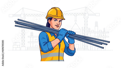Female Construction Worker: A determined female construction worker, clad in a safety vest and helmet, confidently carries a bundle of steel rods, with construction cranes in the background.