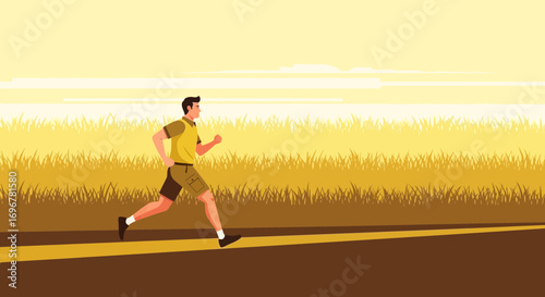 Man Running In The Countryside During Golden Sunset, Promoting Active Lifestyle