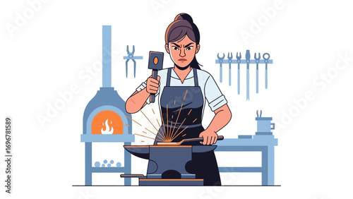 Woman Blacksmith at Work: A skilled craftswoman, with determined focus, hammers a glowing metal rod on an anvil, sparks flying around her as the forge blazes in the background.