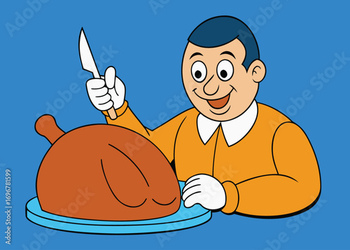 Mid-century comic style man carving roasted turkey festive holiday meal celebration
