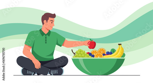 Man Selecting Apple From Bowl of Assorted Fruits Promoting Healthy Eating and Wellness