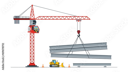 Construction Crane at Work: A vibrant illustration depicts a towering red construction crane hard at work.