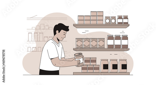 Man Selecting Products On Supermarket Shelves, Isolated Illustration, Shopping Concept